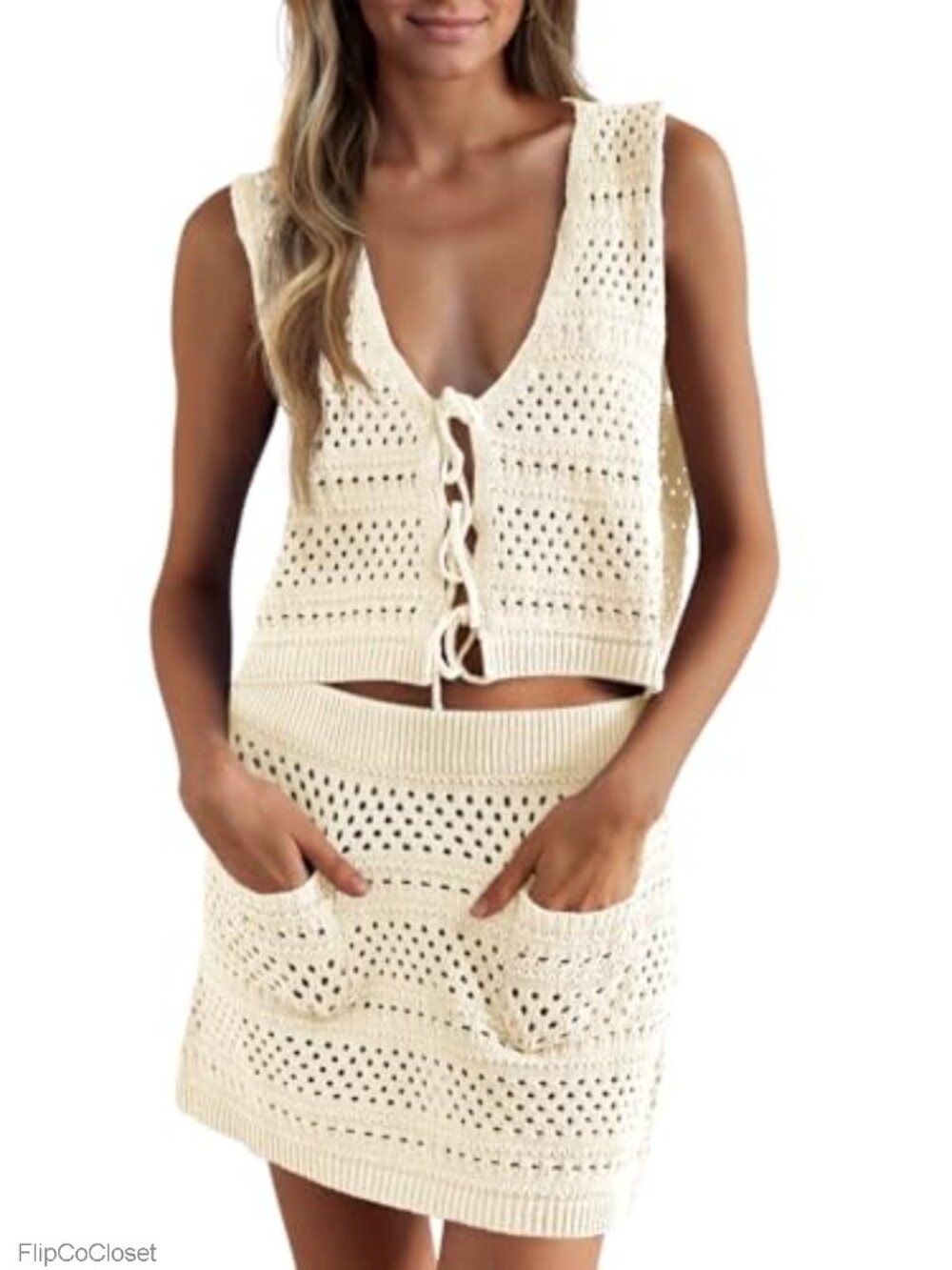 Crochet Swim Cover Up 2 Piece V Neck Tie Front Crop Top Beach Mini Skirt Set